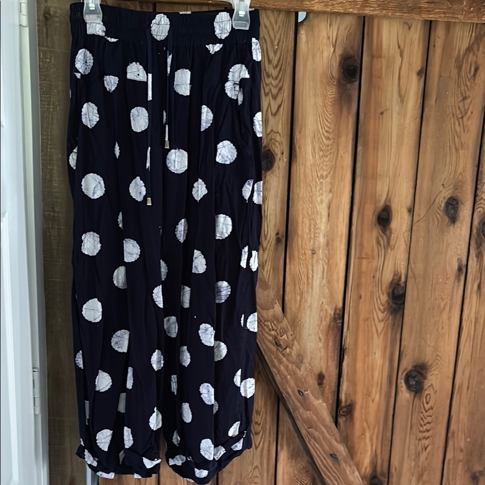 🔵 The Odells from Anthropologie –Navy & White Polka Dot Wide-Leg Pants – Size S